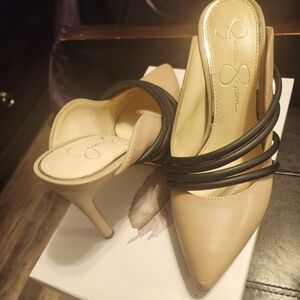 Jessica Simpson Tan Heels with Pointed Toe and Slender High Heel